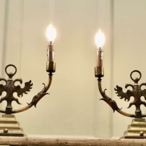 Pair of Arts and Crafts Gothic Brass Twin Table Lamps These are grand looking pieces