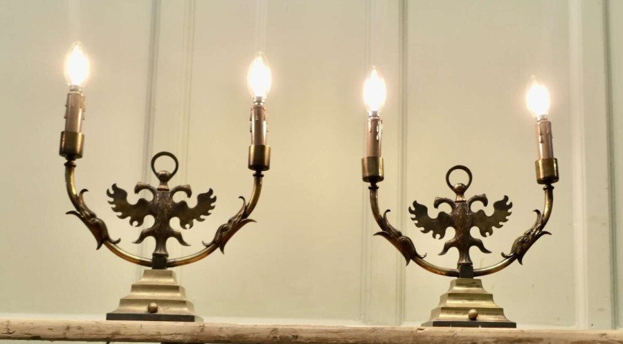 Pair of Arts and Crafts Gothic Brass Twin Table Lamps These are grand looking pieces