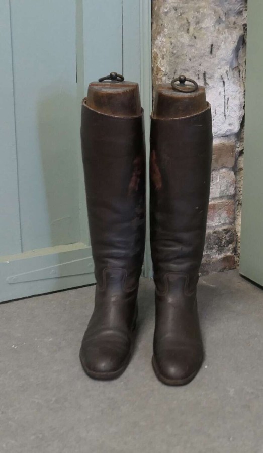 Pair of French Gentleman’s Antique Leather Riding Boots With Wooden Trees