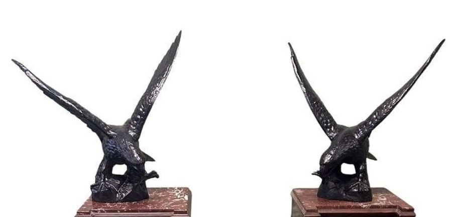 Pair of Large Old Iron Eagle Statues or Pillar Caps A Pair of Large Old Weathered Eagle