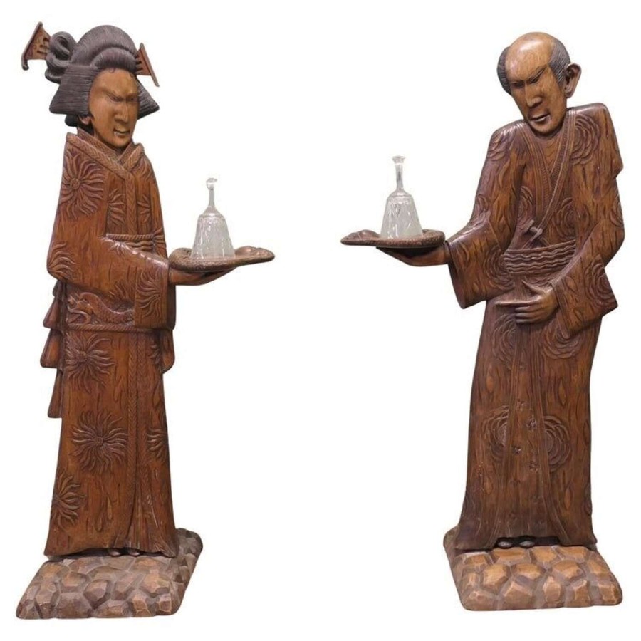 Pair of Tall Carved Japanese Figures, Dumb Waiters or Card Butler