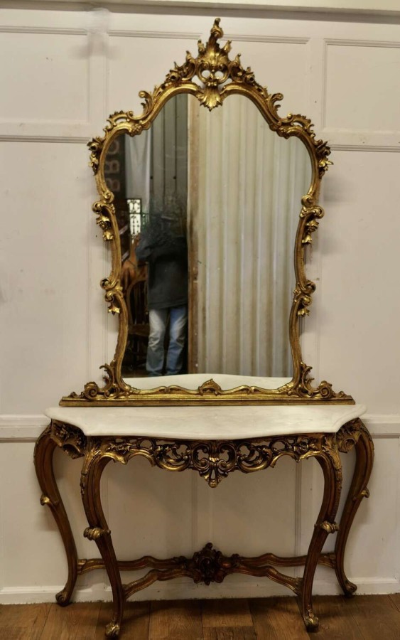 Rococo Giltwood Console Table and Mirror Set