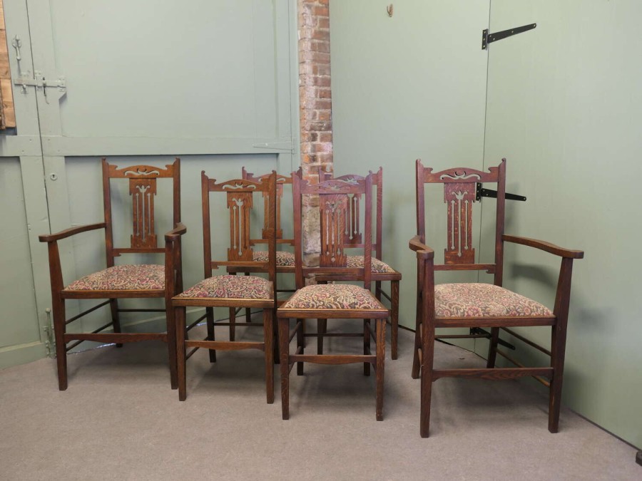 Set of 6 Arts and Crafts Golden Oak Dining Chairs
