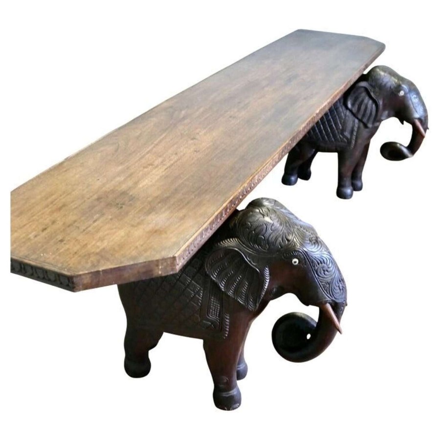 Unusual Window Seat or Hall Bench with Carved Elephants