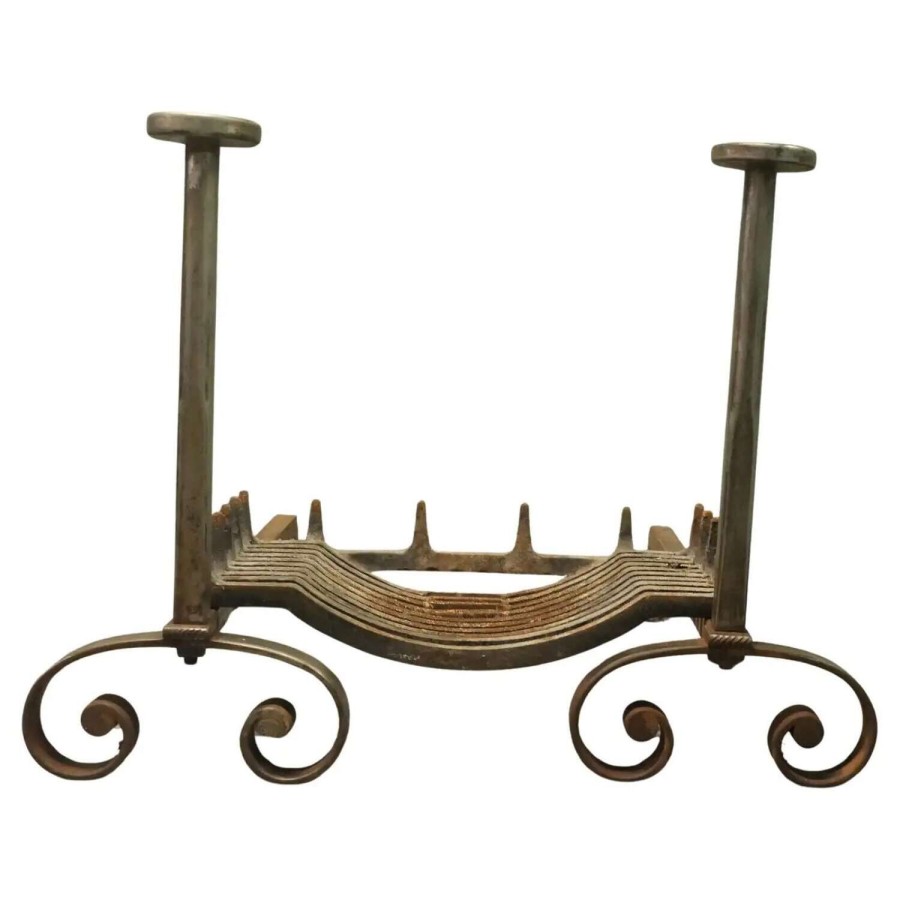 Very Large Heavy Iron Andirons, Fire Dogs and Grate