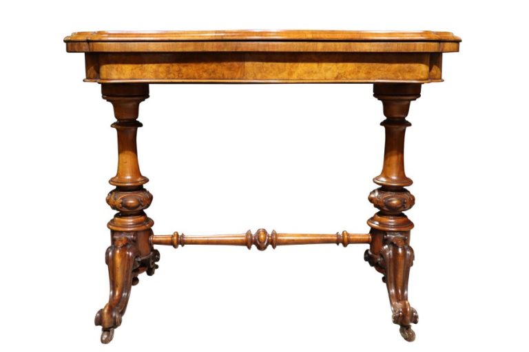 Victorian Burr Walnut Card Table with Fold Over Top & Carved Supports c.1870