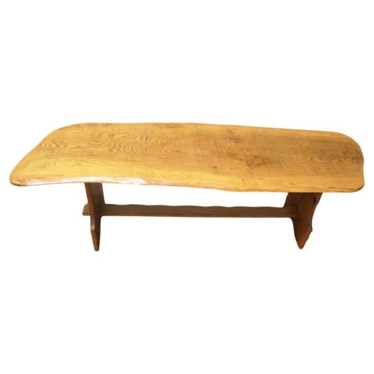 Vintage Hand Carved Live Edge Solid Plank Elm Coffee Table