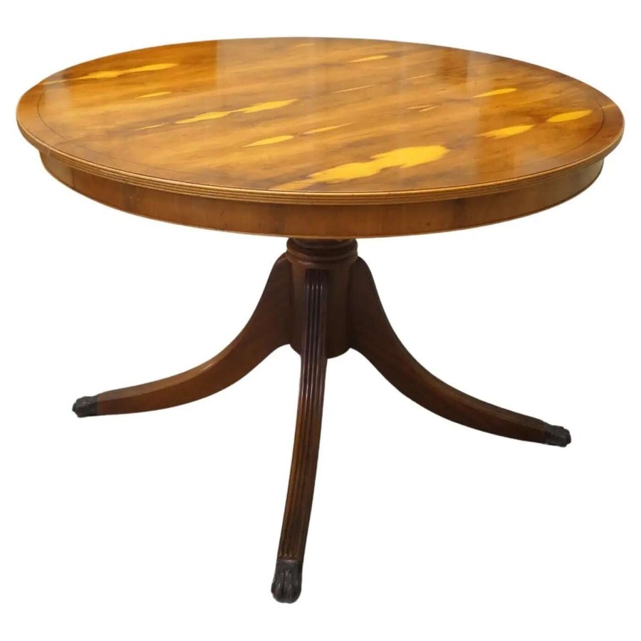 Yew Wood Pedestal Dining Table Extends to Seat 10