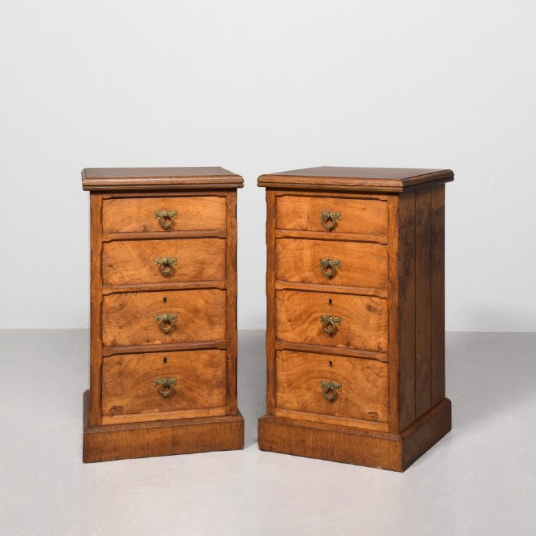 Rare pair of pollard oak inlaid Arts and Crafts neat-sized chests of drawers/ lockers