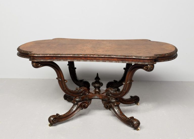 Magnificent large Victorian, shaped top burr walnut free-standing center table.