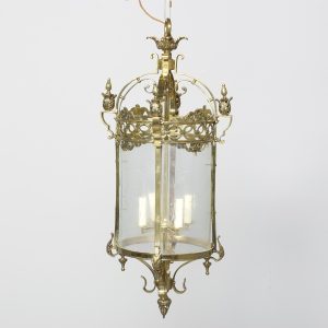 Large circular brass and engraved glass hanging lantern with an open dome top and brass finials to the corners antique lantern Antique Lighting Large circular brass and engraved glass hanging lantern with an open dome top and brass finials to the corners