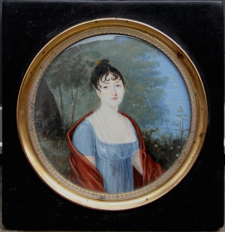 French or Swiss miniature, c. 1805, Portrait of a young lady in a landscape
