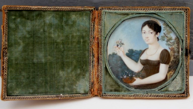 Joseph Guis (? - 1837) Portrait miniature of a young lady in a landscape