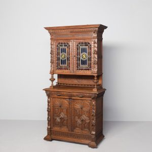 Quality, carved oak-stained glass Flemish two-part bookcase. bookcase Antique Bookcases Quality, carved oak-stained glass Flemish two-part bookcase.
