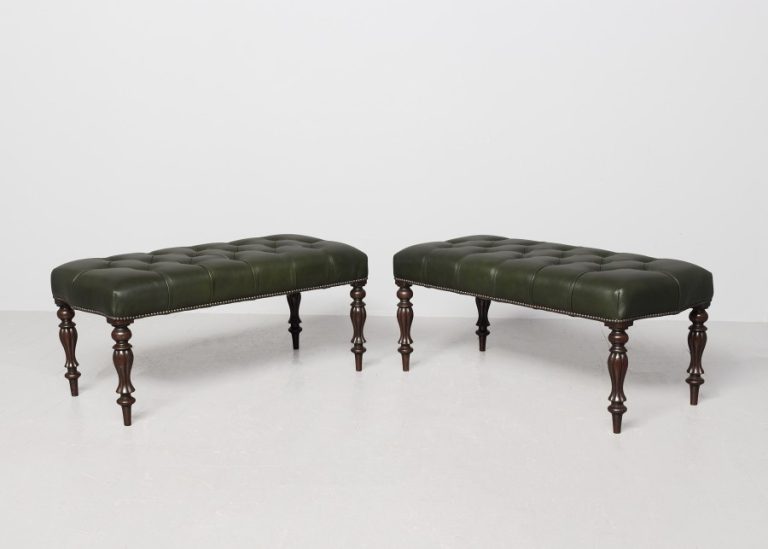 Large, early Victorian mahogany-framed, green buttoned leather bench/stool.