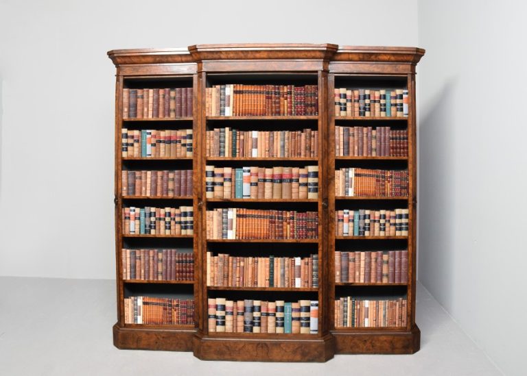 Quality early Victorian, 3-section, breakfront burr walnut open bookcase with adjustable shelves.