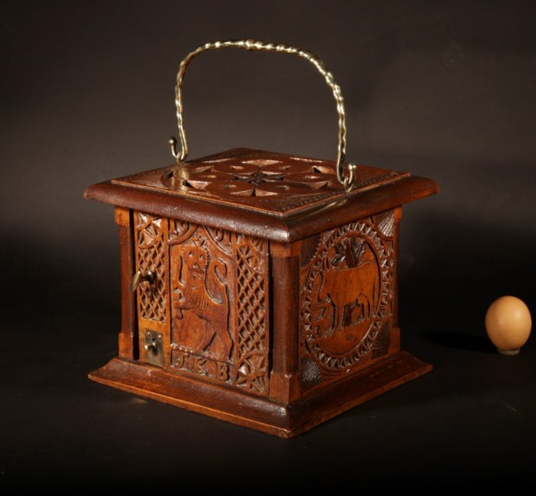 A Very interesting Dated 1901 Partly Painted And Chip Carved Foot Stove.