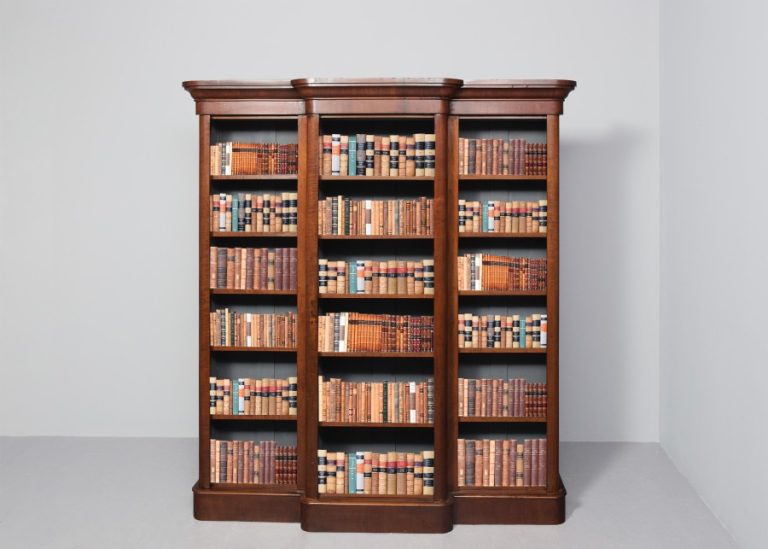 Mid-Victorian breakfront mahogany, three-section open bookcase with clean lines