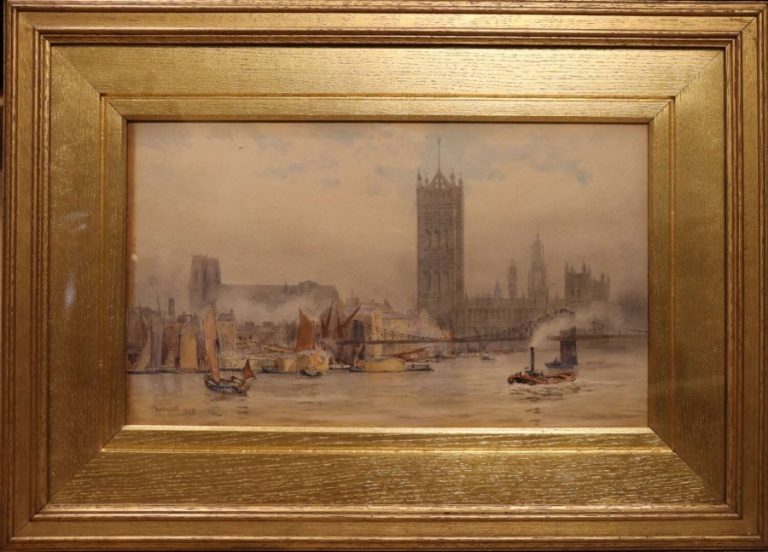 H. Medlycott – The Houses of Parliament from the Thames, Original Watercolour, Dated 1895