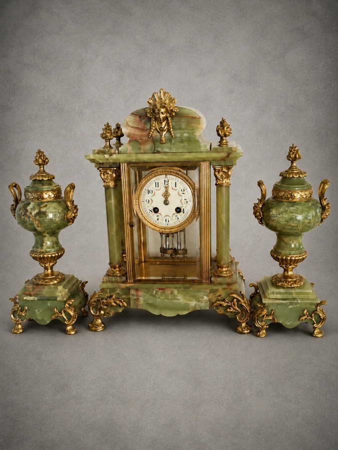 French Napoleon III Onyx and Ormolu Portico Mantel Clock Garniture Antique Antique Clocks French Napoleon III Onyx and Ormolu Portico Mantel Clock Garniture