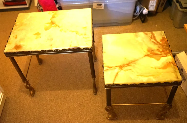 Two Ornate Vintage Onyx & Brass Side Tables