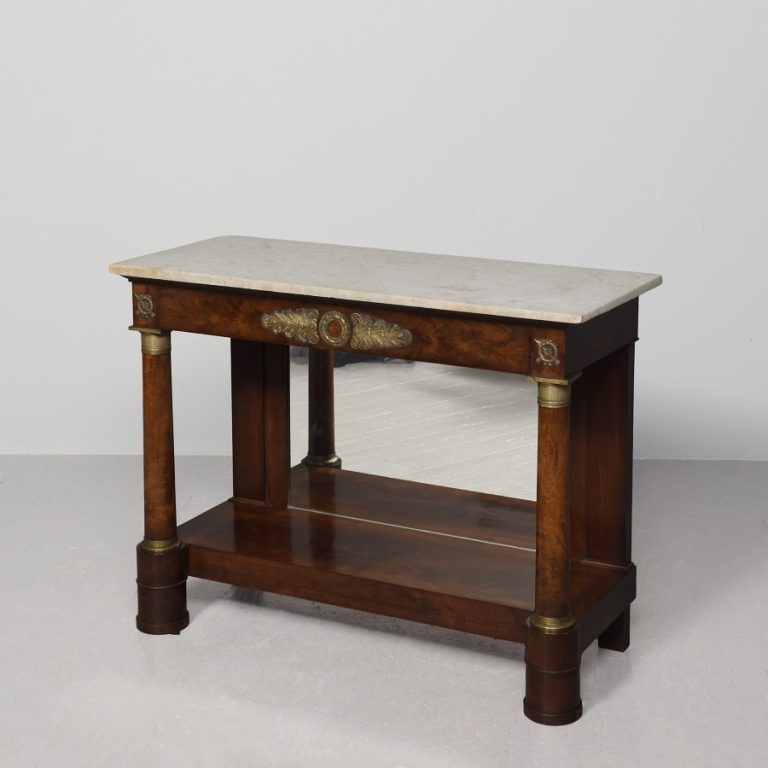 Early 19th Century, French marble-top, brass-mounted Empire hall table.