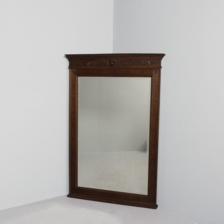 Large Flemish carved oak overmantel or wall mirror with original mirror plate