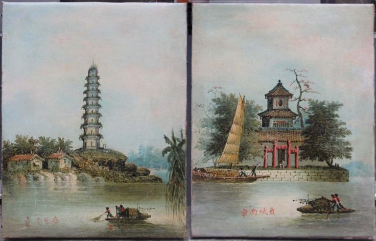 A pair of Canton views by Nam Cheong ( Chinese, active 1840-1870), studio