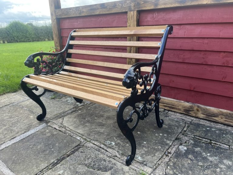 Restored Victorian Cast Iron & Oak 2-Seater Garden Bench – Lion Mask / Beast Armrests.