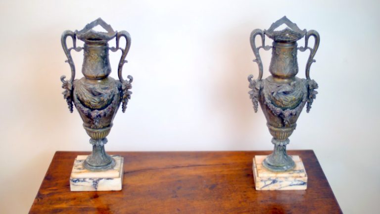 Fine Pair of 19th-Century French Classical Bronzed Spelter & Veined Marble Urns