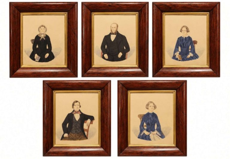 A Fine Set of Five Regency Watercolour Portraits in Rosewood Frames, Circa 1820