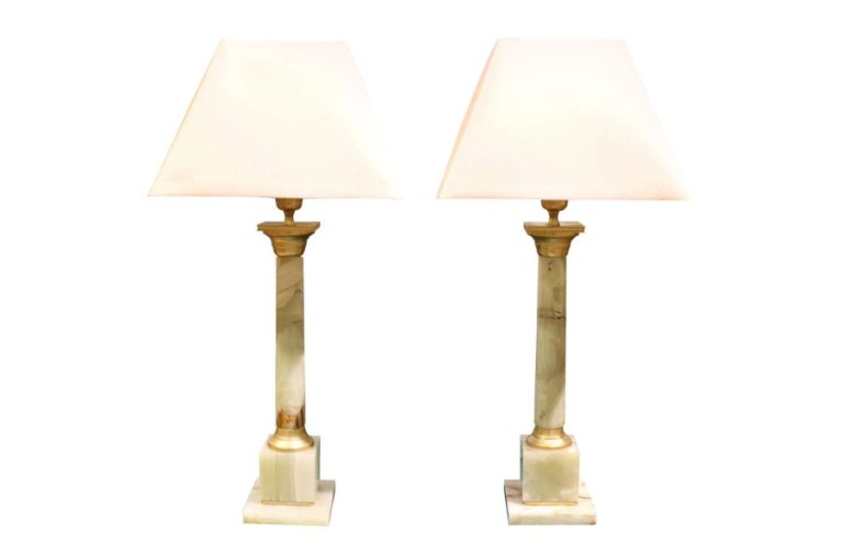 Pair of Gilt Metal Mounted Onyx Column Table Lamps, Circa 1960