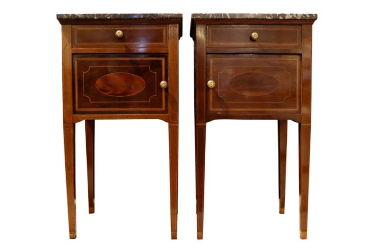 Pair of Victorian Mahogany and Satinwood Inlaid Bedside Cupboards in the Sheraton Style