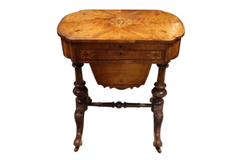 Victorian Walnut and Burr Walnut Inlaid Sewing and Work Table, Circa 1870