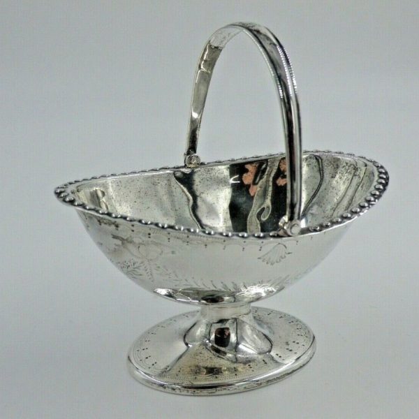 Antique Sterling Solid Silver Small Sugar Basket with Swing Handle