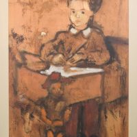 Girl and Puppet Sitting at a Desk