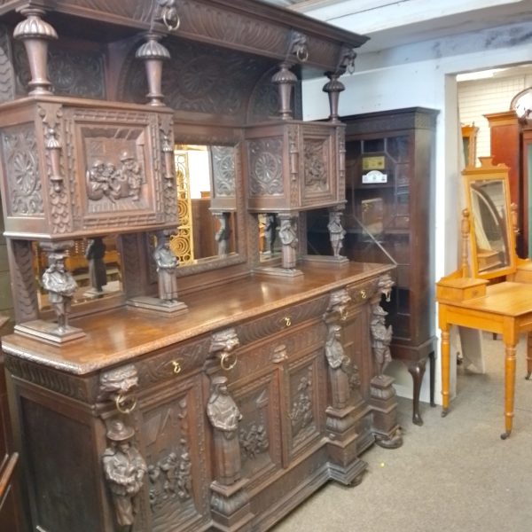 Large Antique Carved Oak Mirror Back Sideboard