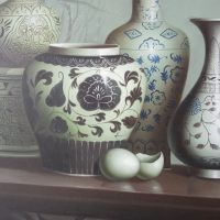 Superb Acrylic on Canvas Ming Porcelain Chinese Artist JL Huang c1998 Singapore Large