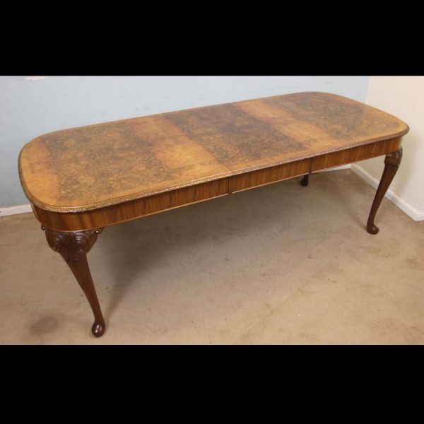 Antique Burr Walnut Queen Anne Style Extending Dining Table