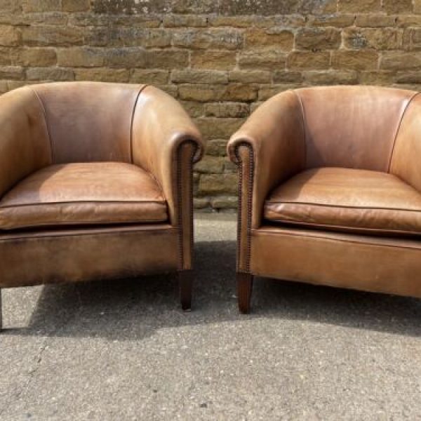 Vintage Pair Immaculate Handmade Leather Sheepskin Club Armchairs