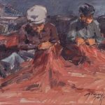 Albert Tomás Guillén &#8211; Post Impressionist Study of Fishermen Repairing Nets