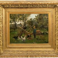 Oil Painting of children playing in a farm yard setting with chickens signed by Auguste Durst