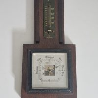 Wooden wall-mounted barometer and thermometer by Shortland Bowen (SB)
