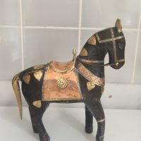 Wooden horse figurine with brass and metal inlay from India