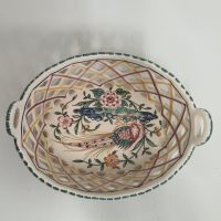 Ceramic lattice-work basket with pheasant and floral motif by Outeiro Agueda, Portugal