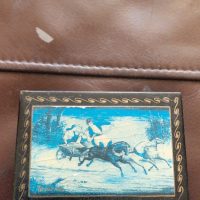 Russian lacquered papier-mâché box depicting a troika winter scene