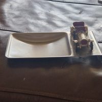 Stainless steel desk tray with vintage Lesney Matchbox die-cast toy car