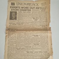 Vintage newspaper ‘Union Jack’ from mid-20th century, featuring headline ‘Experts Work Out An Atom Charter’