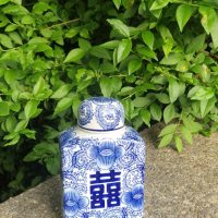 Porcelain ginger jar with ‘Double Happiness’ symbol in blue and white