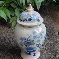 Porcelain ginger jar with lid featuring blue floral design by Sadler England